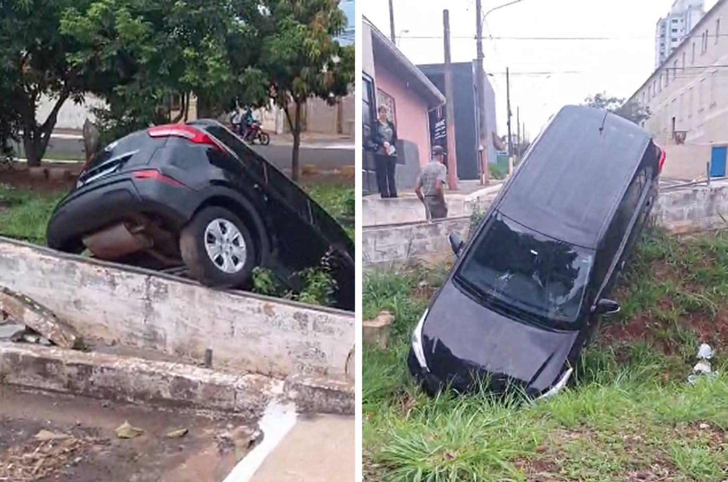 Carro fica pendurado em barranco da linha do trem e motorista desaparece