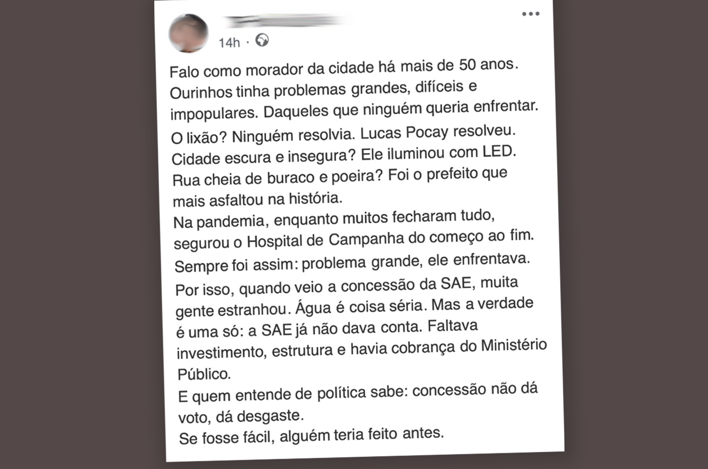 Morador de Ourinhos relembra problemas antigos e defende decisões de Lucas Pocay