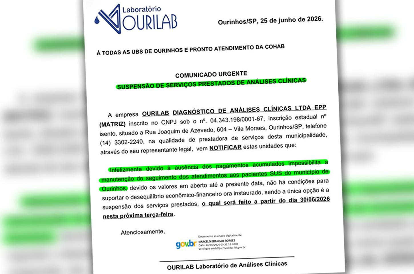 Ourilab suspende exames do SUS  em Ourinhos por falta de pagamento da gestão Guilherme Gonçalves