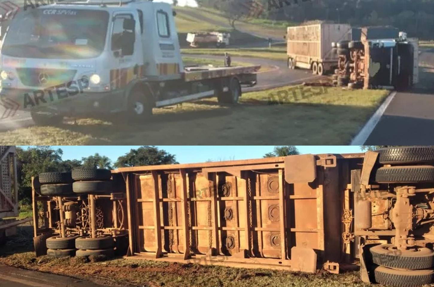 Carreta carregada com cana tomba na rodovia e deixa motorista ferido