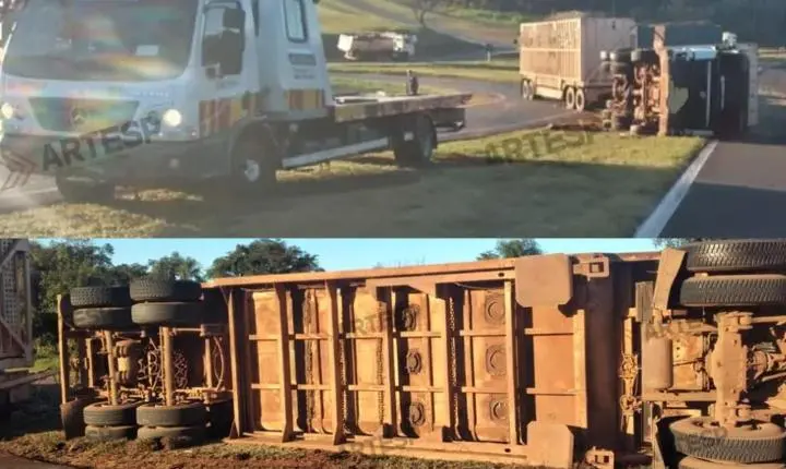 Carreta carregada com cana tomba na rodovia e deixa motorista ferido